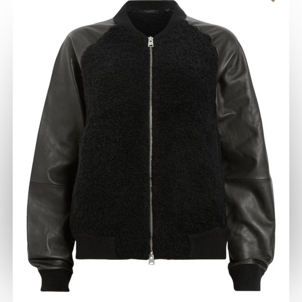 NWT ALLSAINTS Renata Leather Sleeve Bomber Cardigan In Black Size Med Jacket